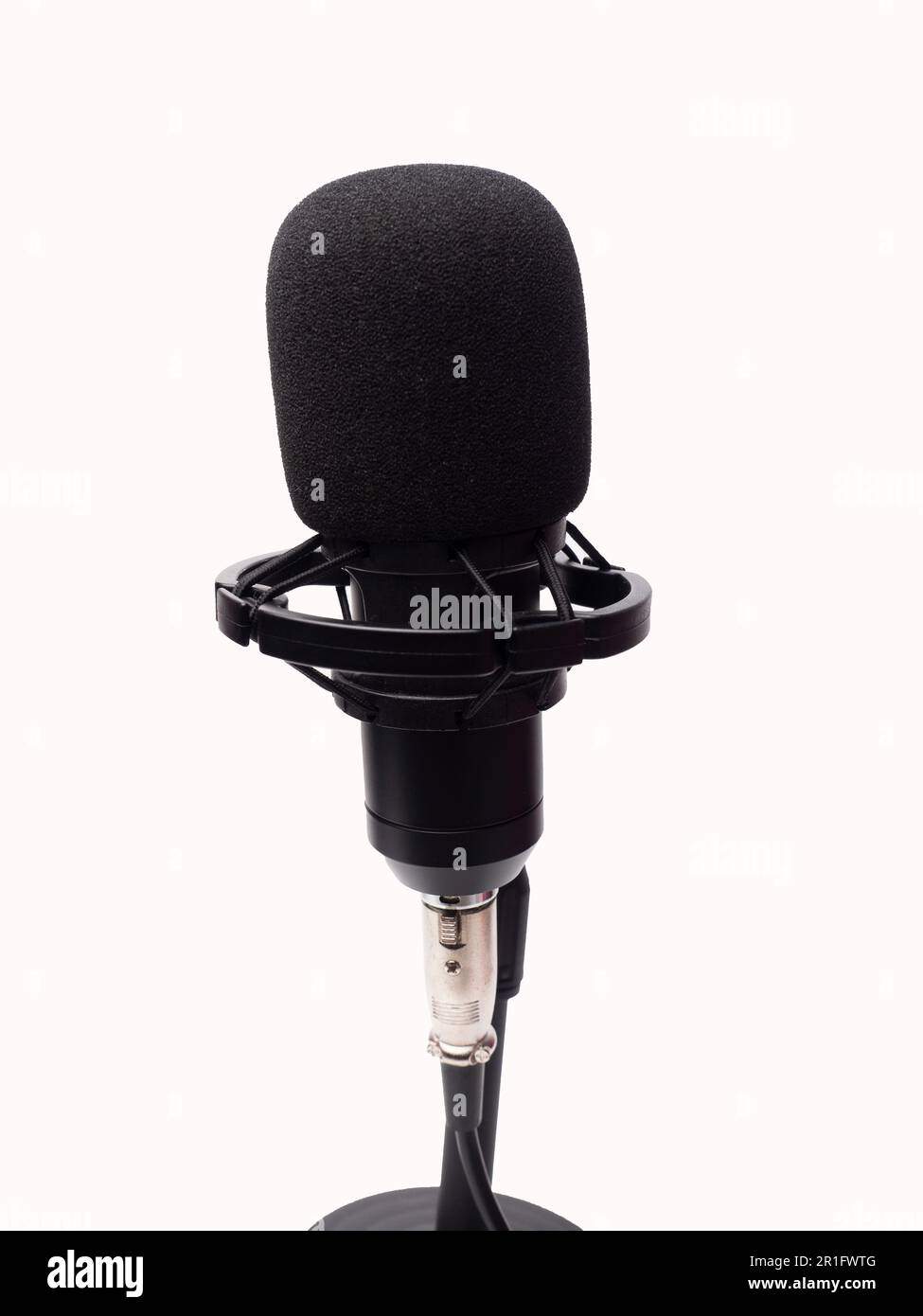 Picture of a black condenser microphone on a white isolated background