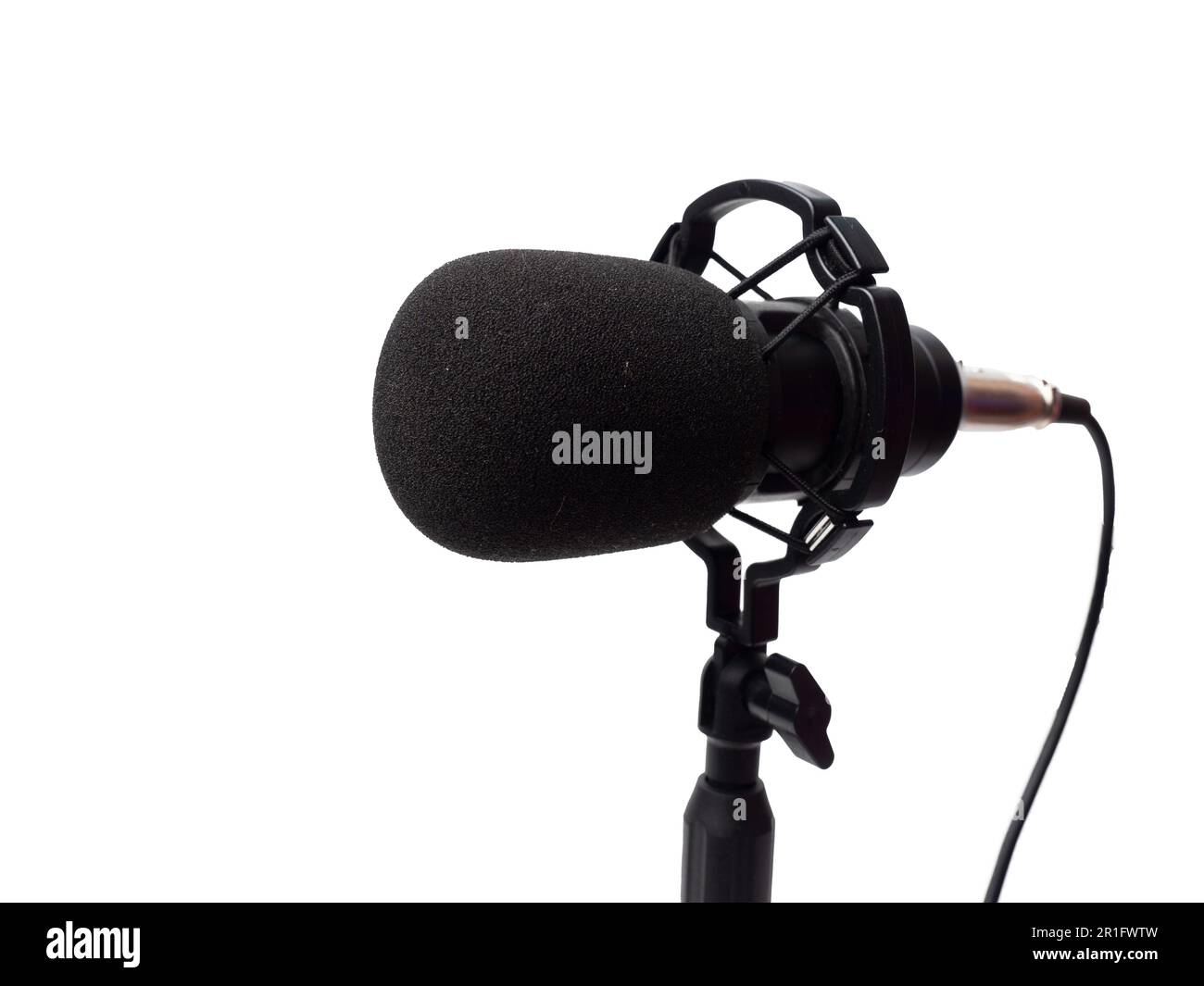 Picture of a black condenser microphone on a white isolated background