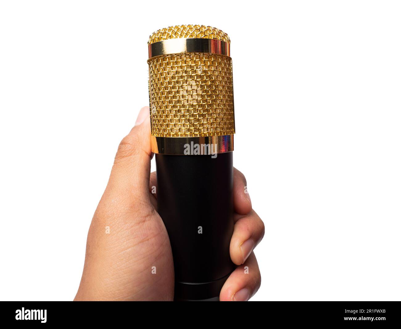 Picture of a black condenser microphone on a white isolated background