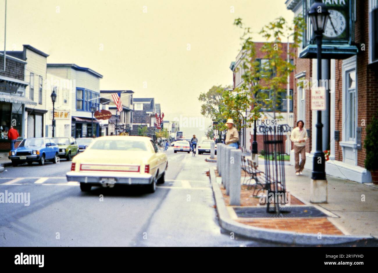 Car driving down Main Street in Bar Harbor Maine ca. 1979 Stock Photo