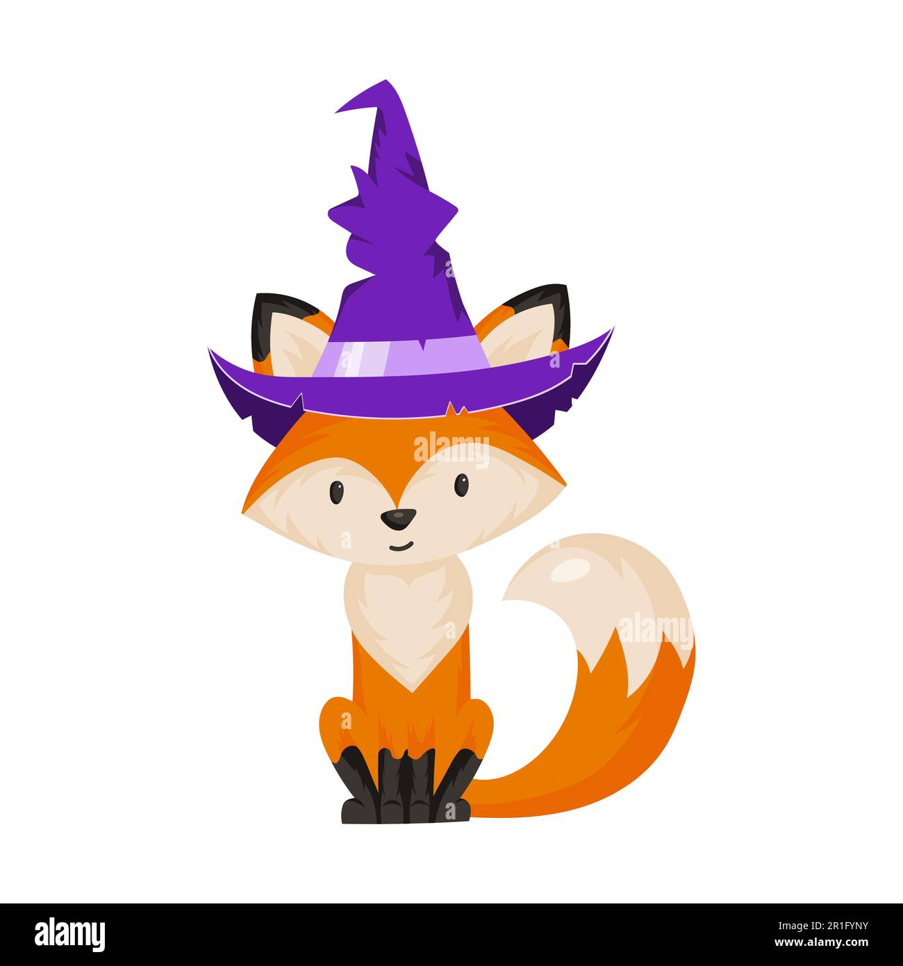 Cute Halloween fox wearing purple witch hat. Cartoon vector