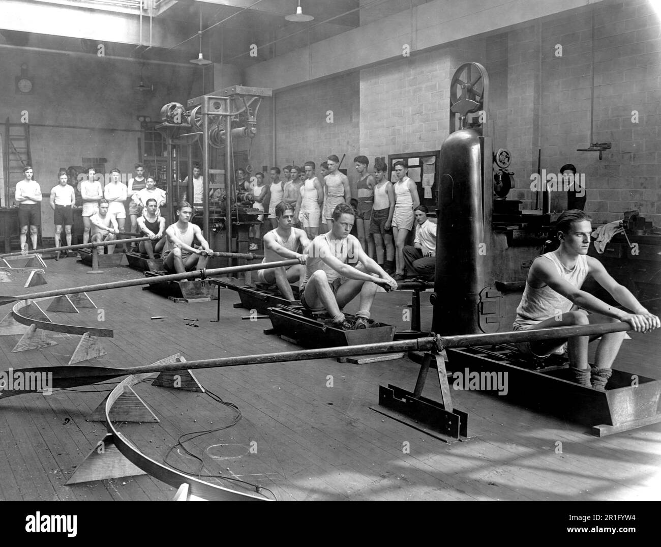 Archival Photo: Students of the Central High School rowing class going through their drill ca. 1919 Stock Photo