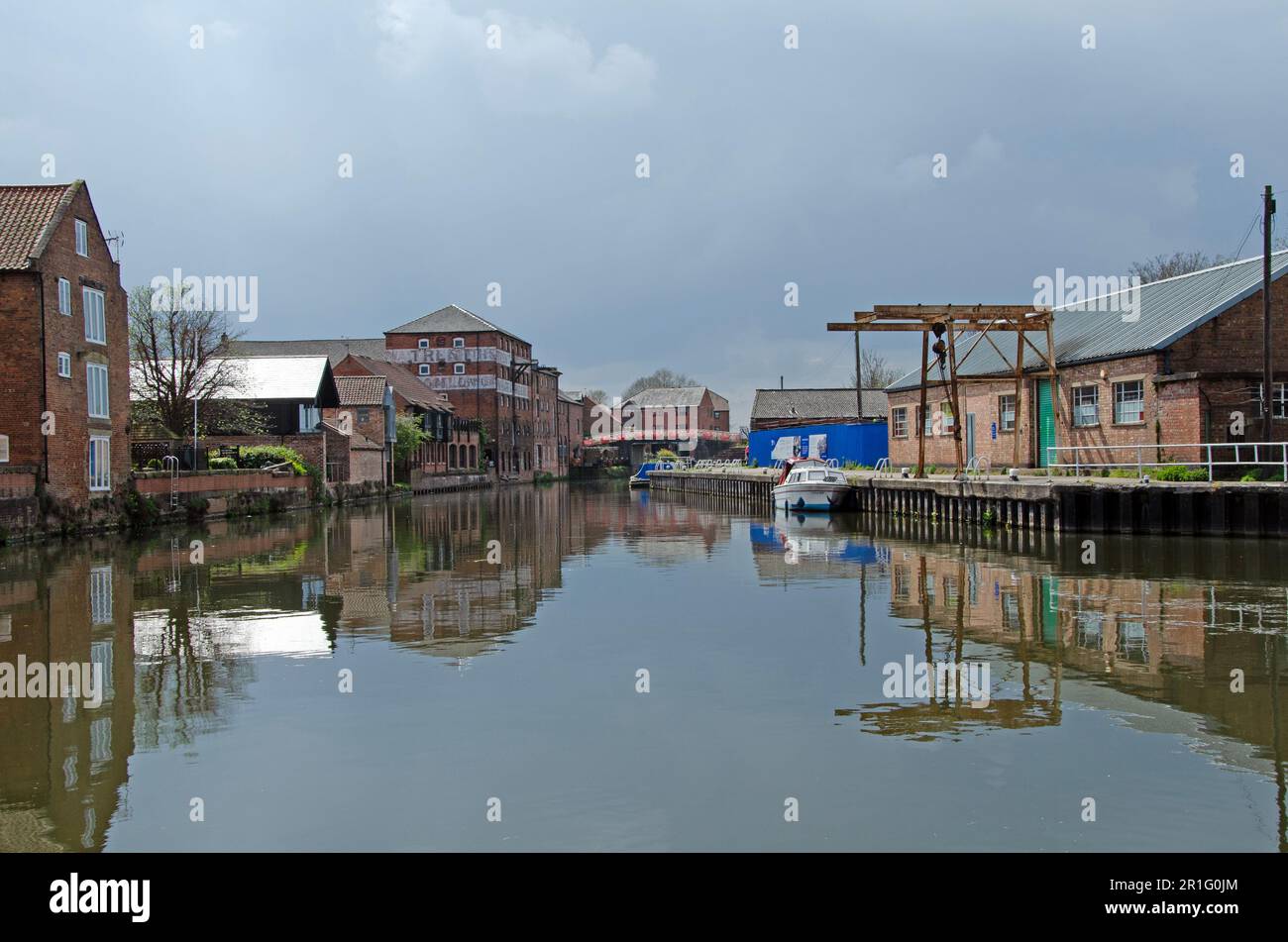 Old warehouses and wharfs on the River Trent, Newark-on-Trent. Dockyard and repair yards on the River Trent Stock Photo