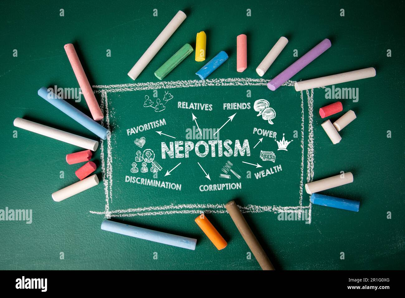 NEPOTISM Concept. Illustration with icons, arrows and keywords on a