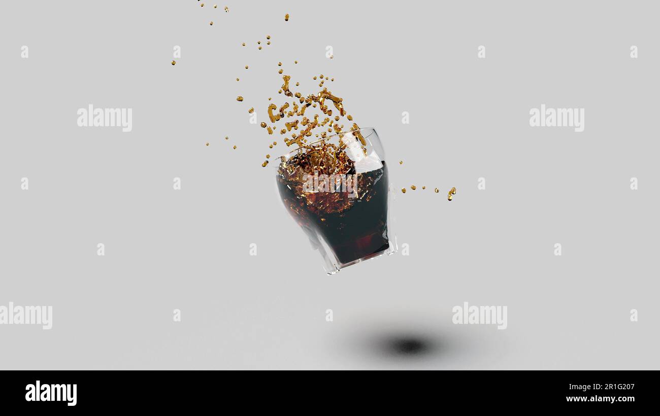 Freeze frame of a glass of brandy alcohol floating in the air intro 3d