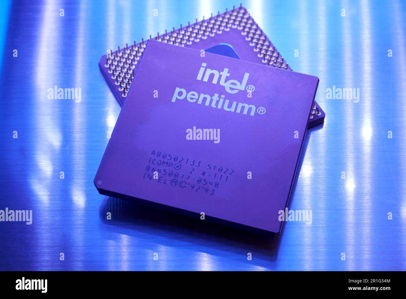 Old Intel Pentium processor close up. Early Intel microprocessor Stock Photo