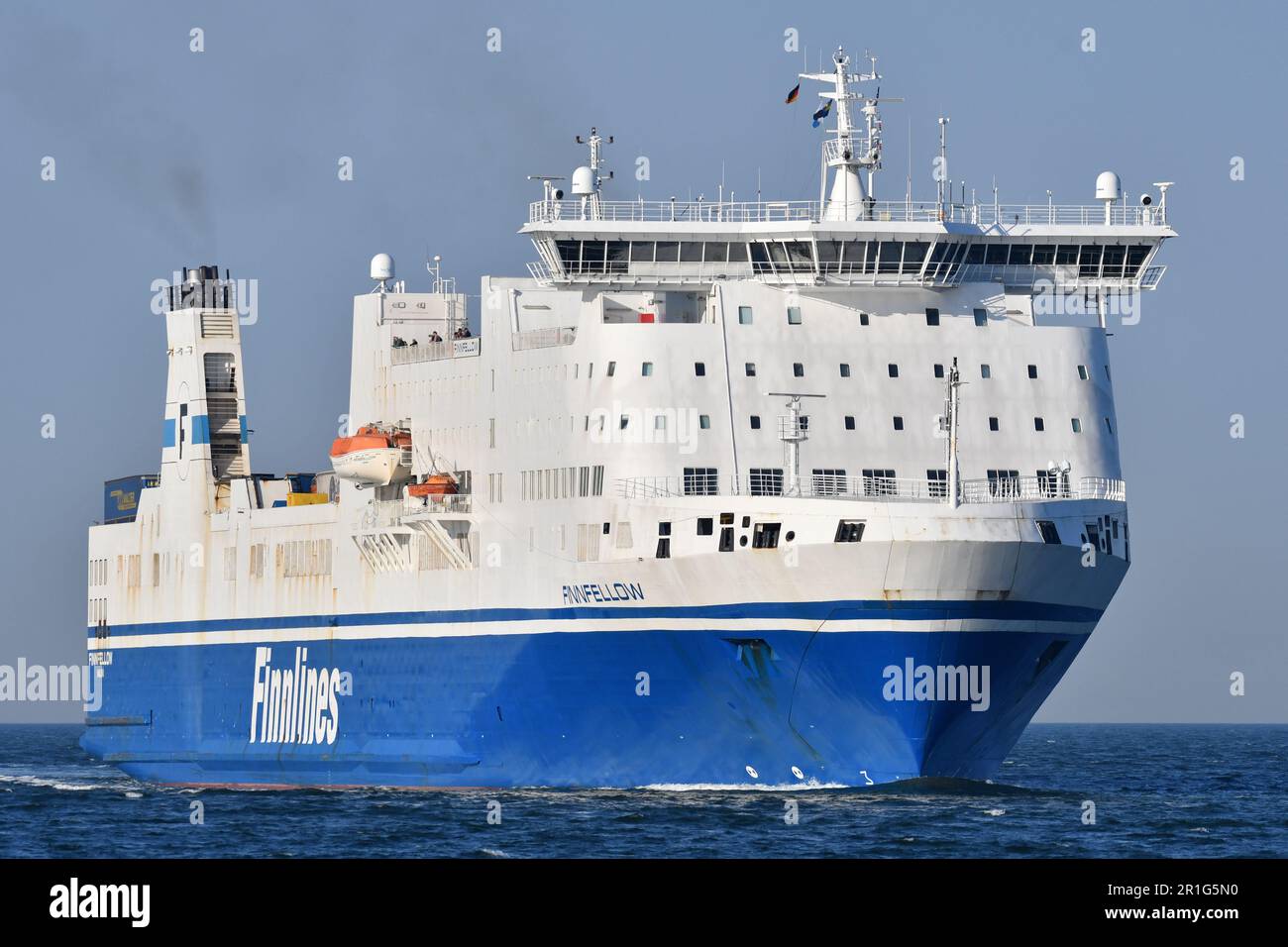 Ferry FINNFELLOW arrives at Lübeck-Travemünde from Malmö Stock Photo