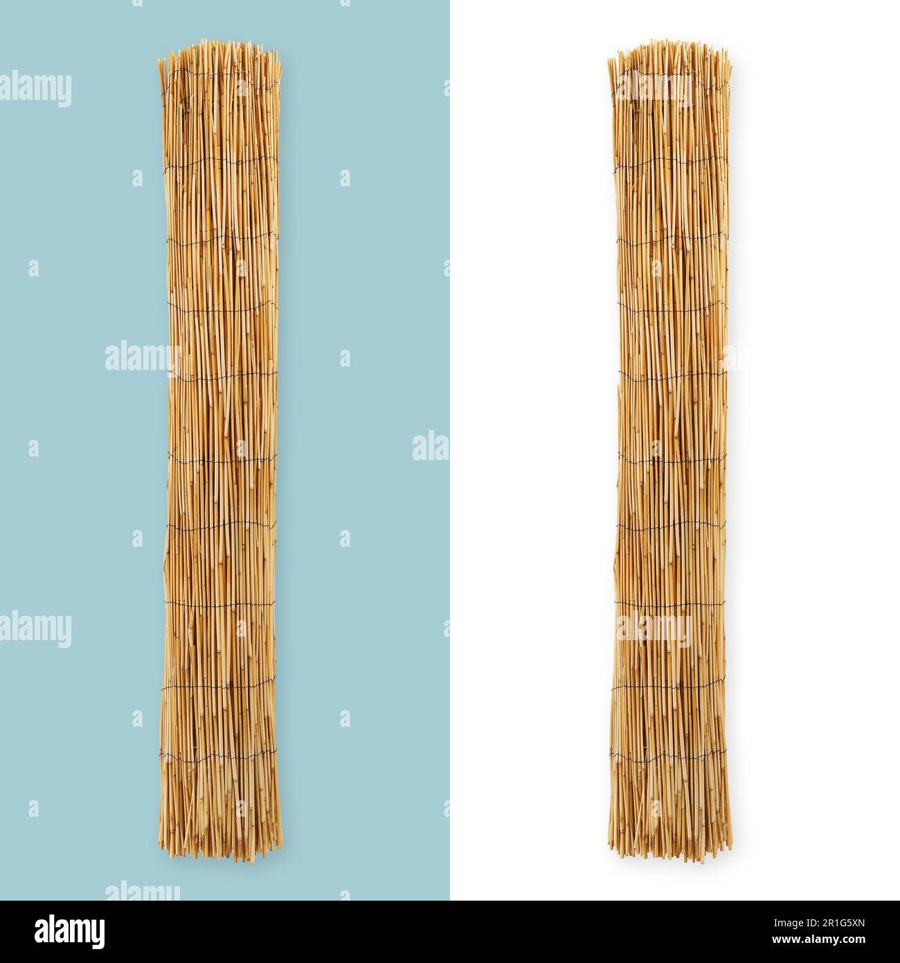 Rolled up bamboo curtain sun protection. Top view isolated on white and light blue background. Patio blind sunscreen. Stock Photo