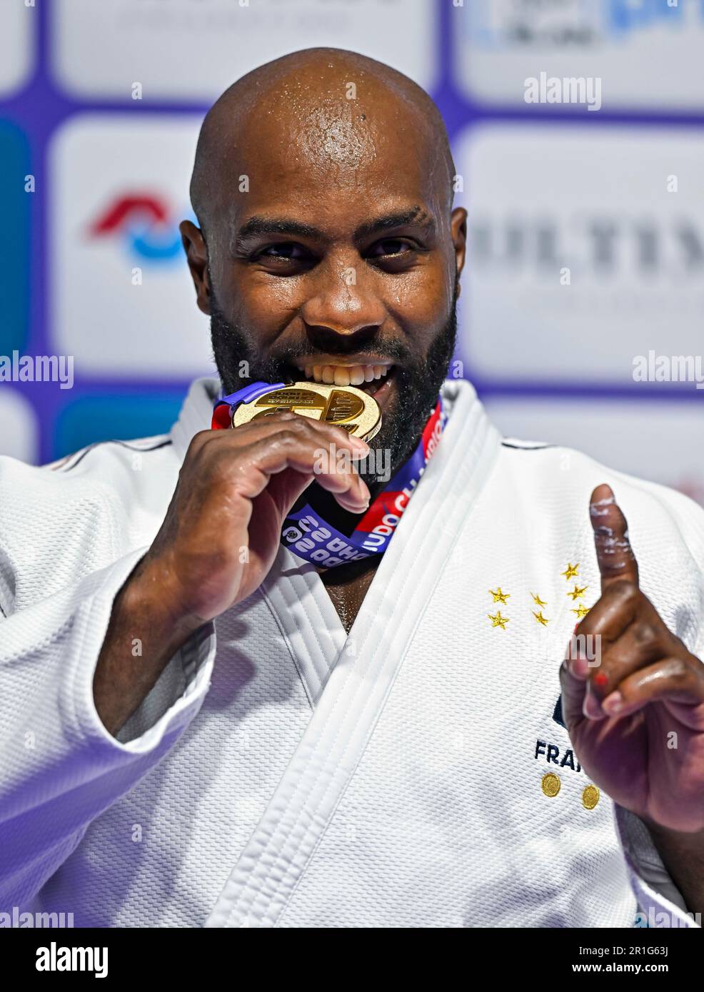 Doha. 13th May, 2023. Gold medalist Teddy Riner of France poses on the