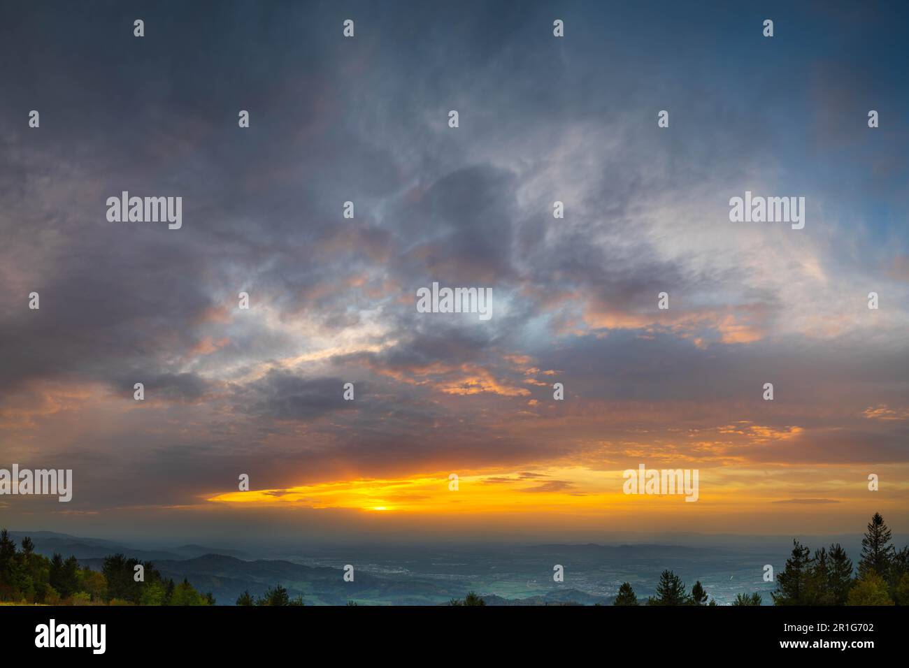 View of the Elz Valley from the vantage point of Berg Kandel, atmospheric sunset, Baden Wuertemberg, Germany Stock Photo