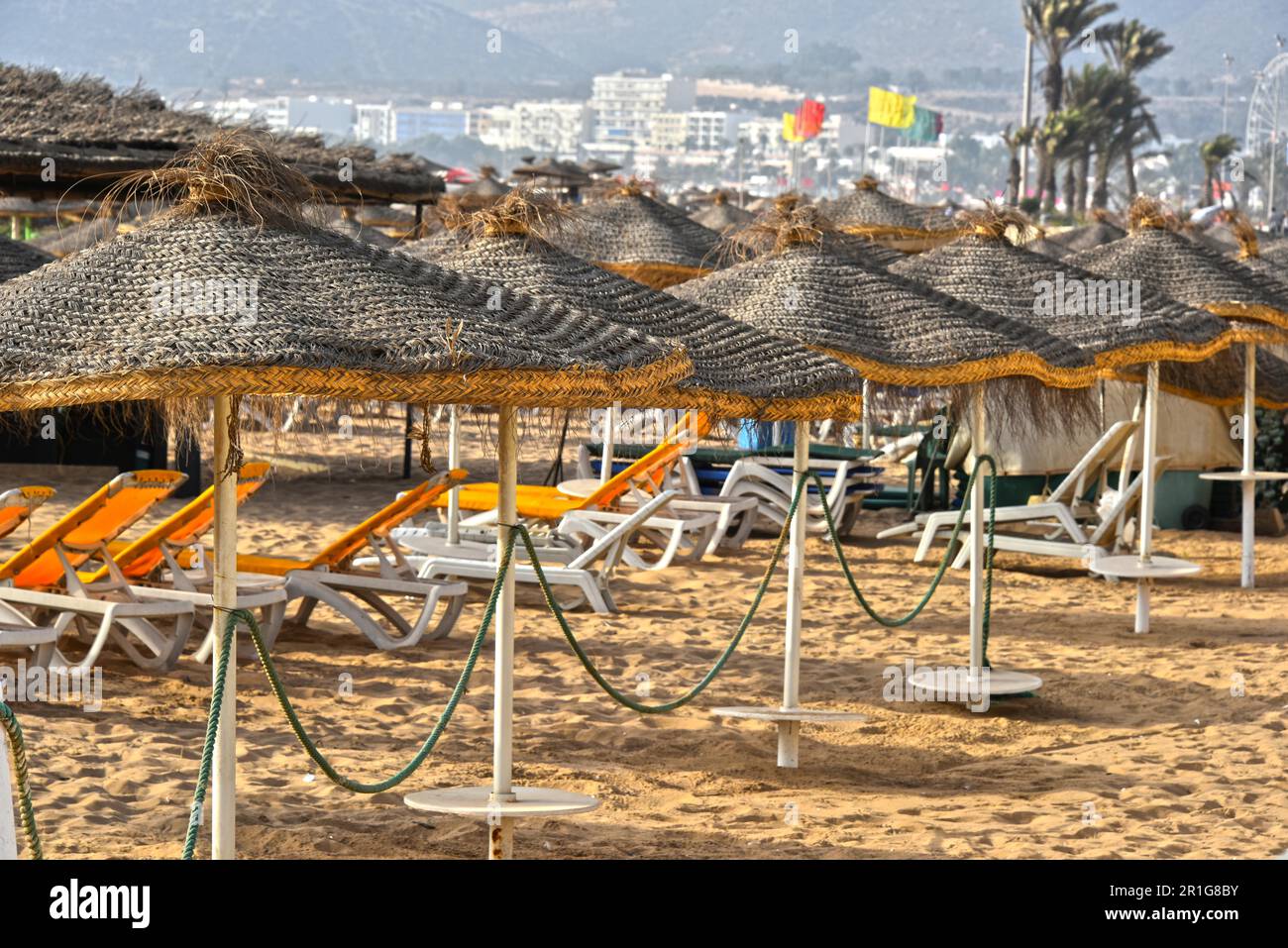 View of sand beach on hot summer day, Agadir, Morocco Stock Photo
