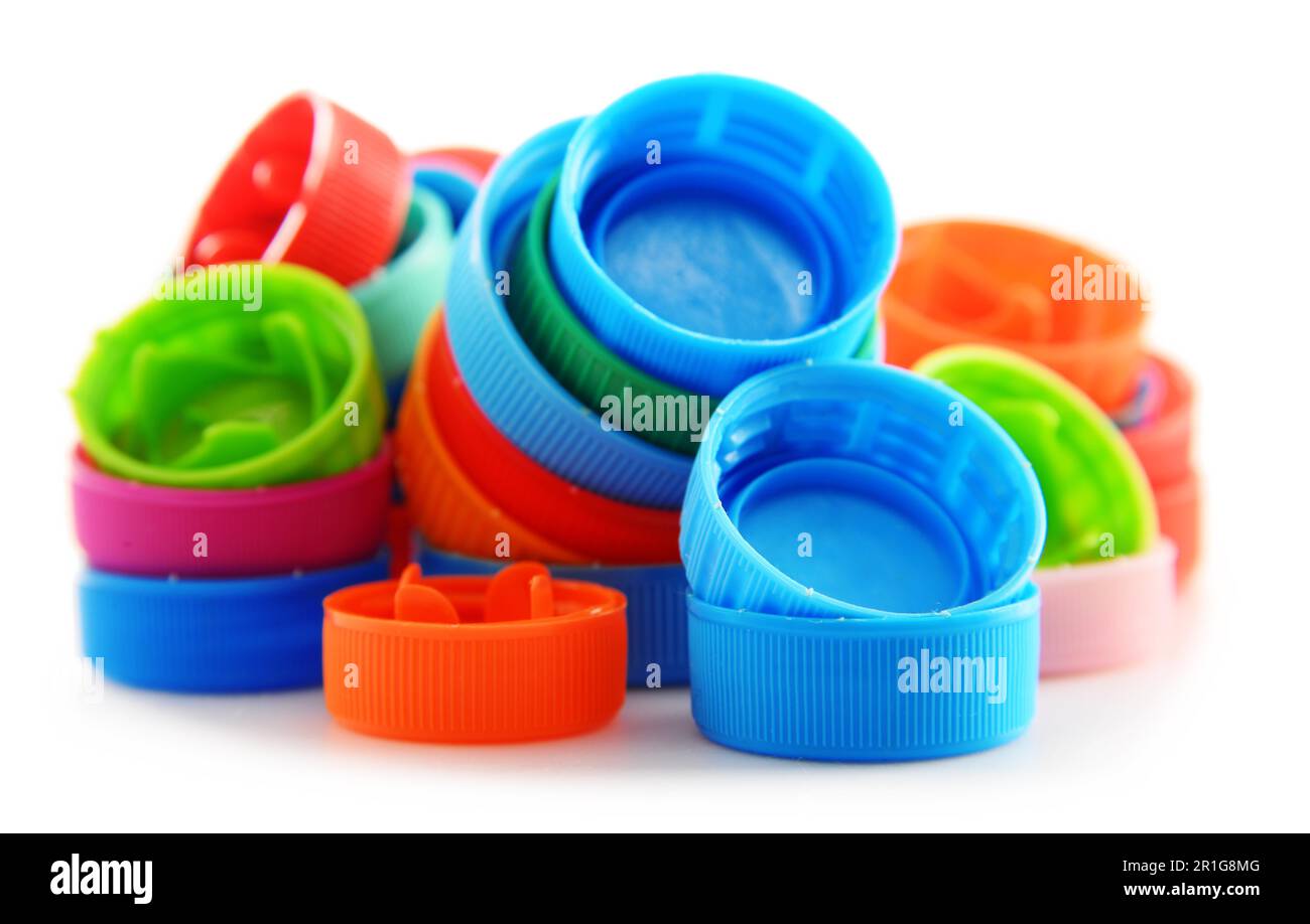 Composition with colorful plastic bottle caps Stock Photo
