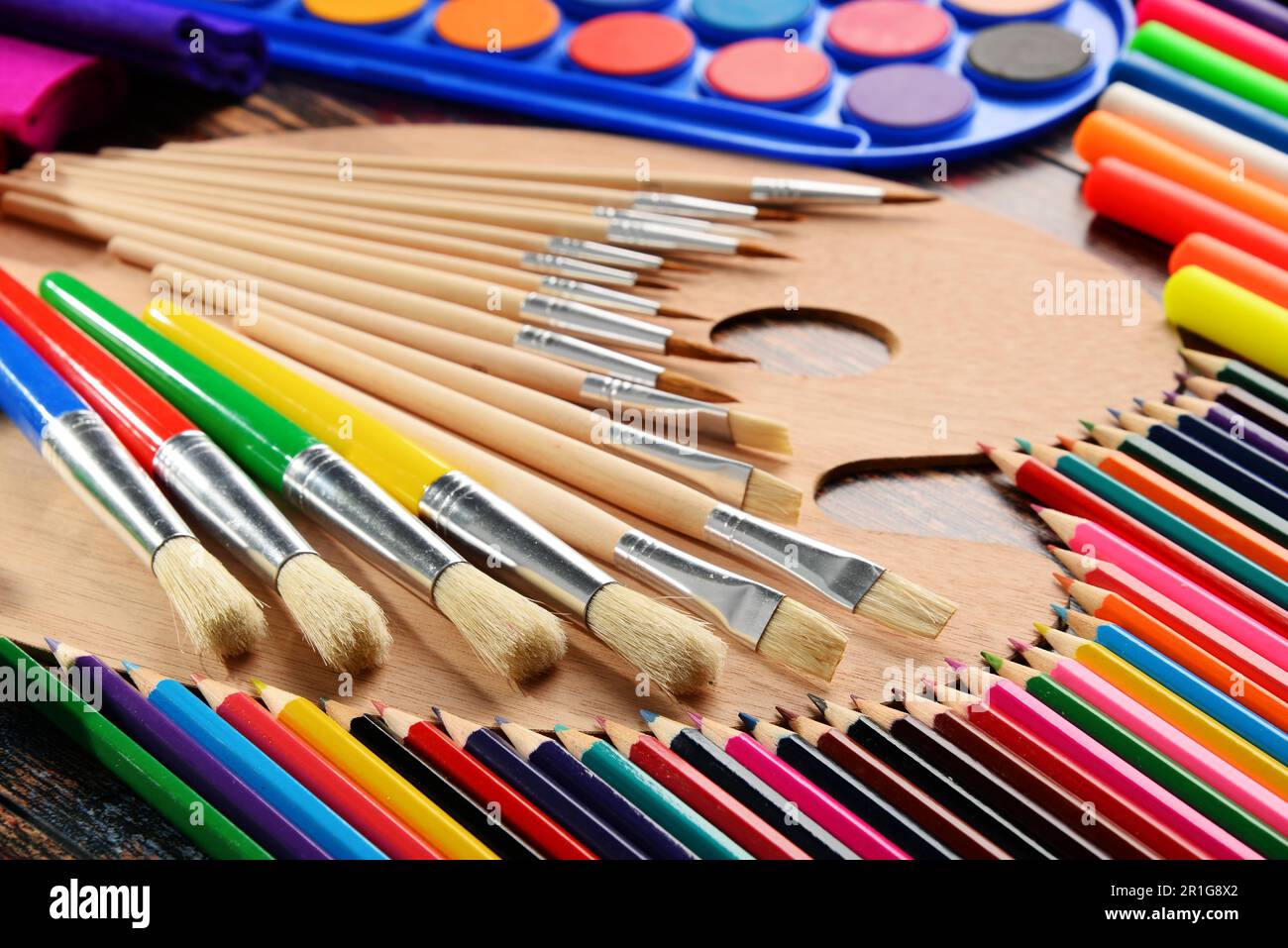 Composition with school accessories for painting and drawing Stock Photo -  Alamy