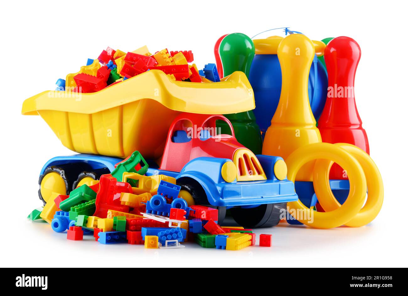 Composition with colorful plastic children toys isolated on white Stock Photo