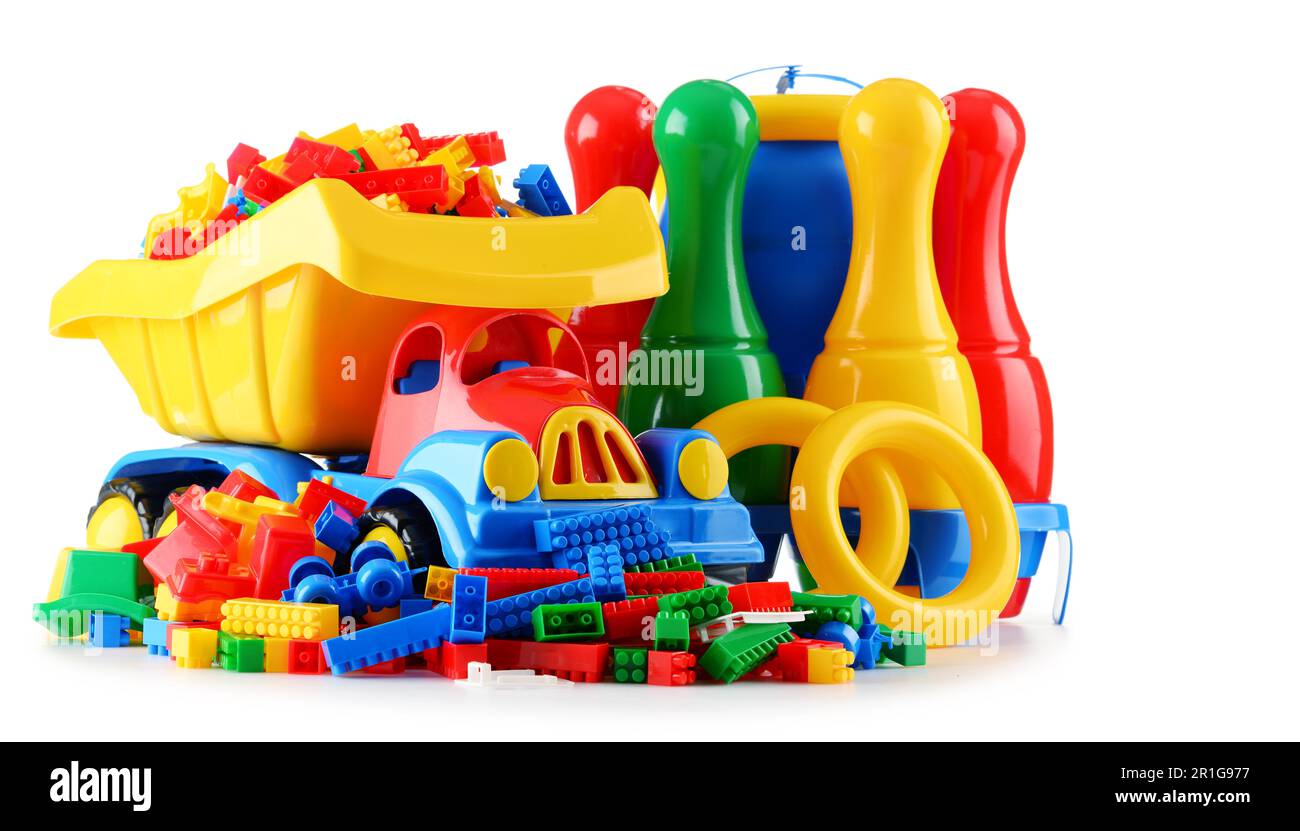 Composition with colorful plastic children toys isolated on white Stock Photo