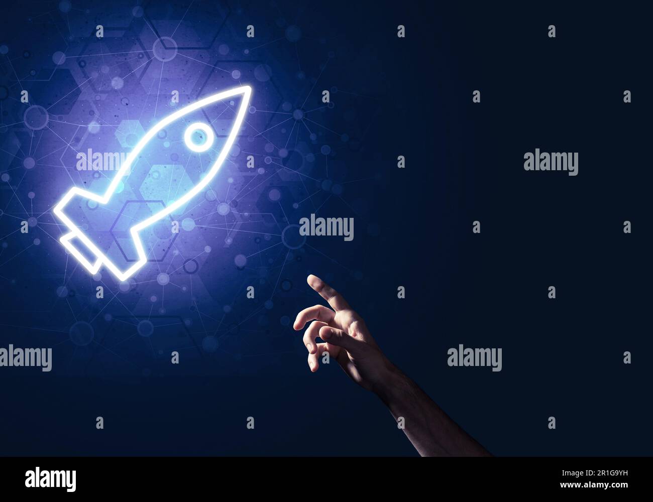 Man palm presenting Rocket web icon as technology concept Stock Photo ...