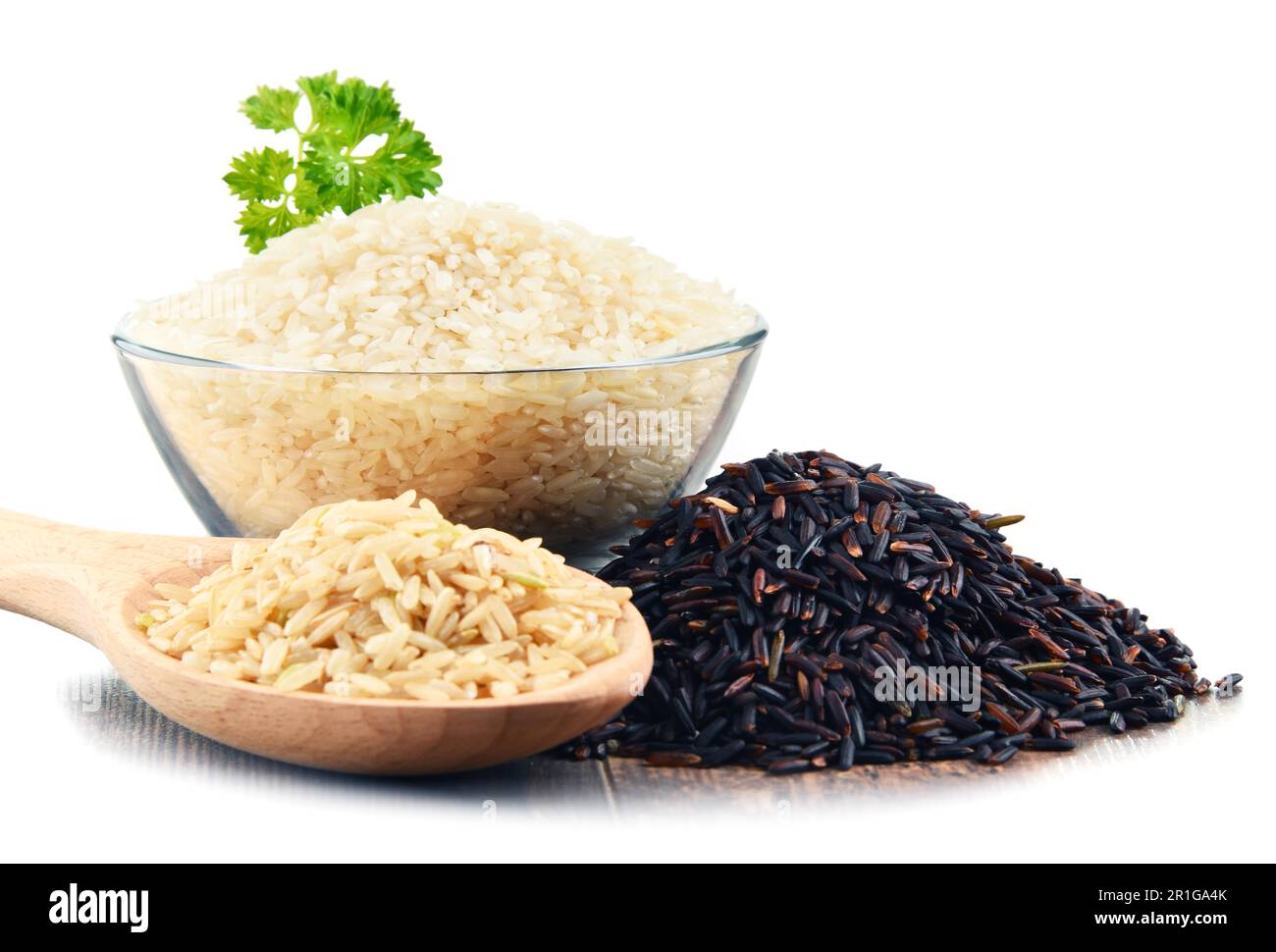 Composition with bowl of rice isolated on white background Stock Photo