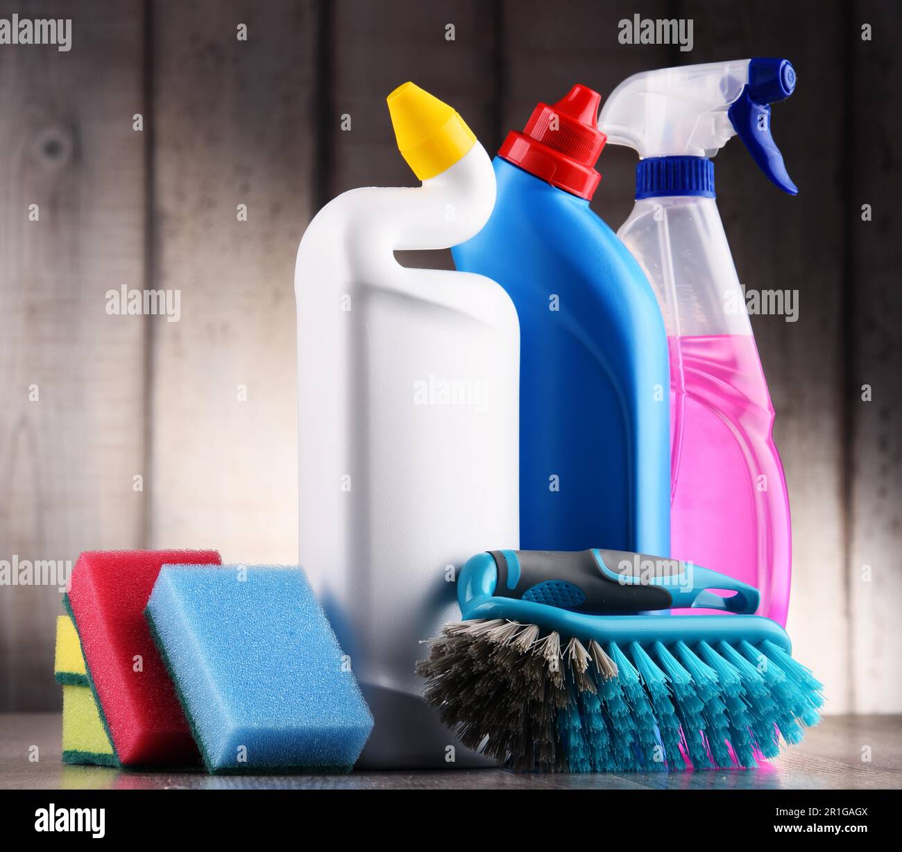 Variety of detergent bottles and chemical cleaning supplies Stock Photo