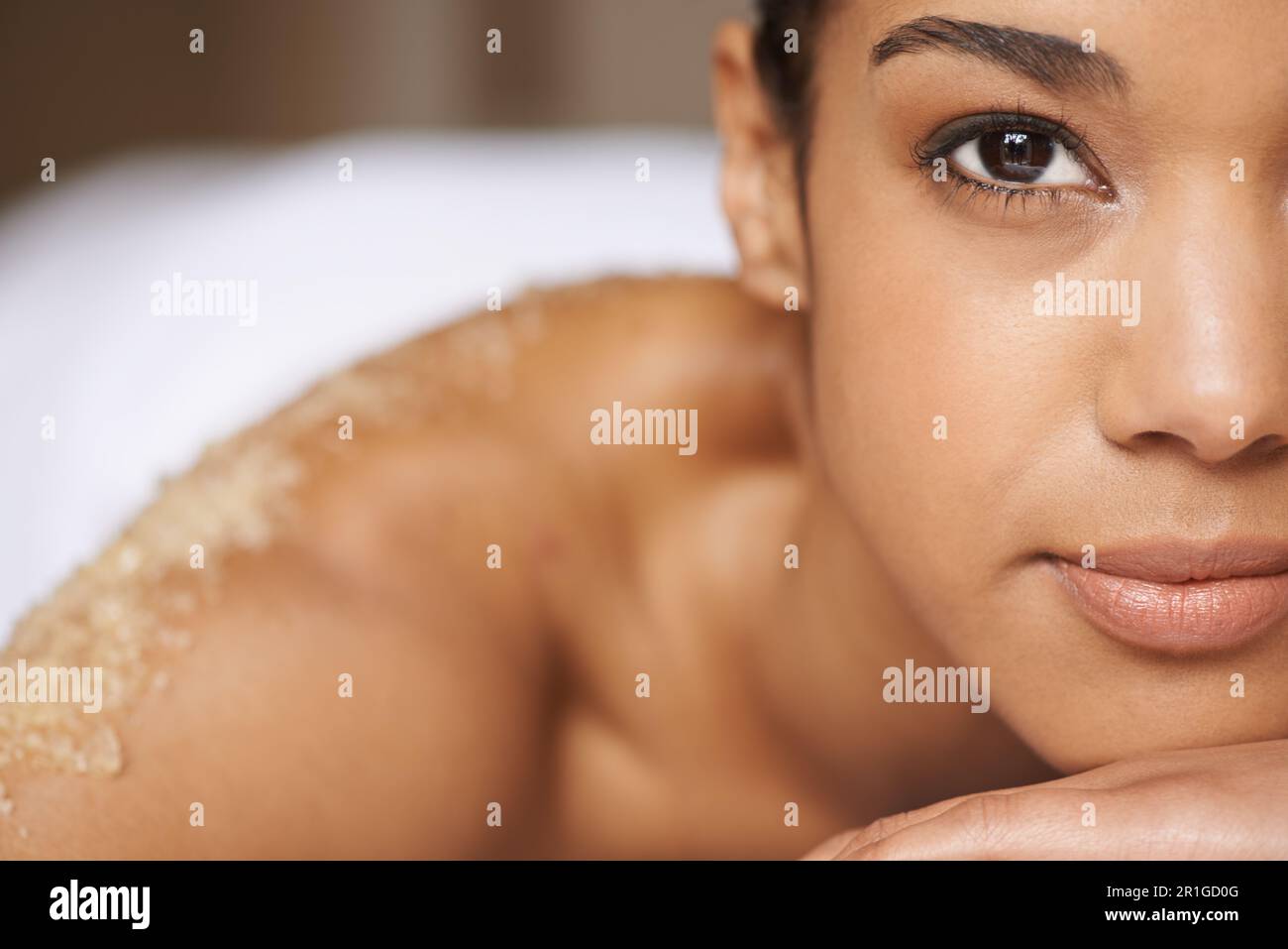 Face portrait, body scrub or massage for woman to relax for resting ...