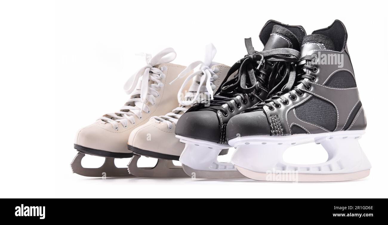 Ice hockey skates and figure skates isolated on white background Stock
