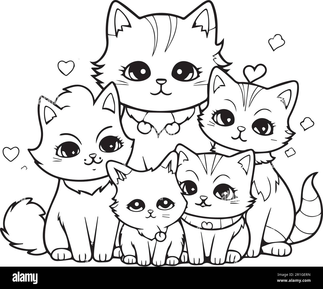 A coloring book page of a family of cats. Stock Vector