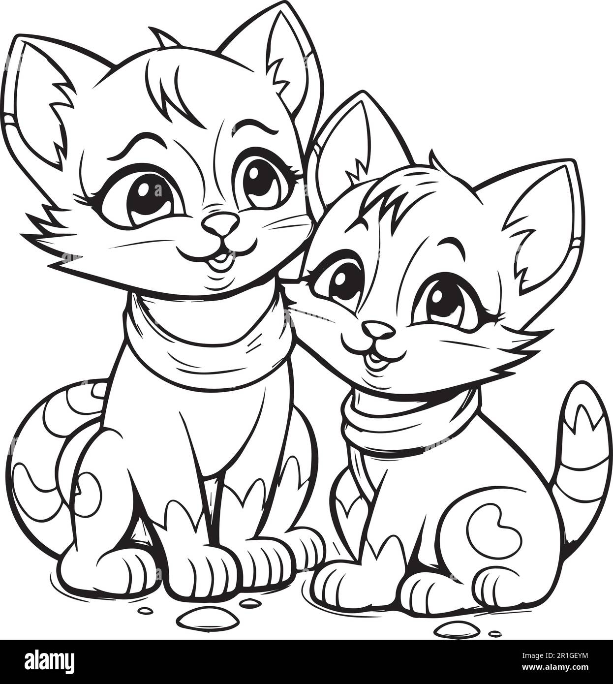 Two kittens sitting coloring book page illustration. Stock Vector