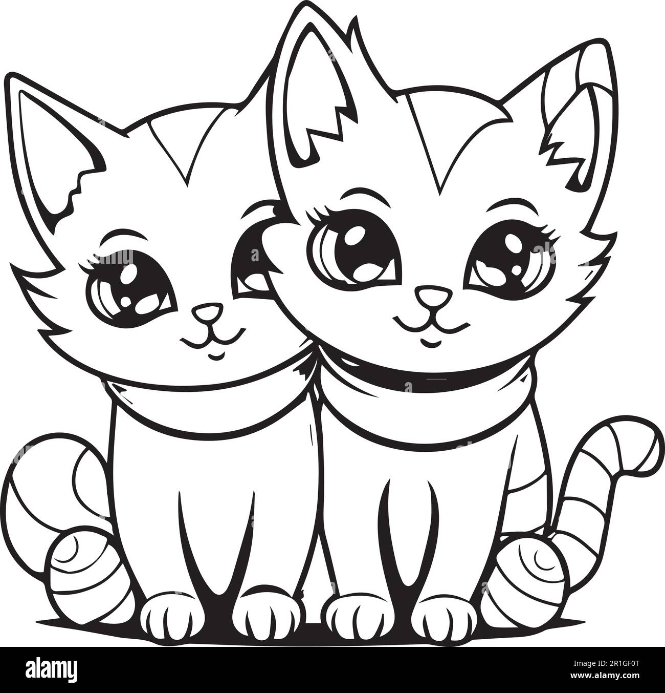 A cute couple kitten cat line art coloring book page. Stock Vector