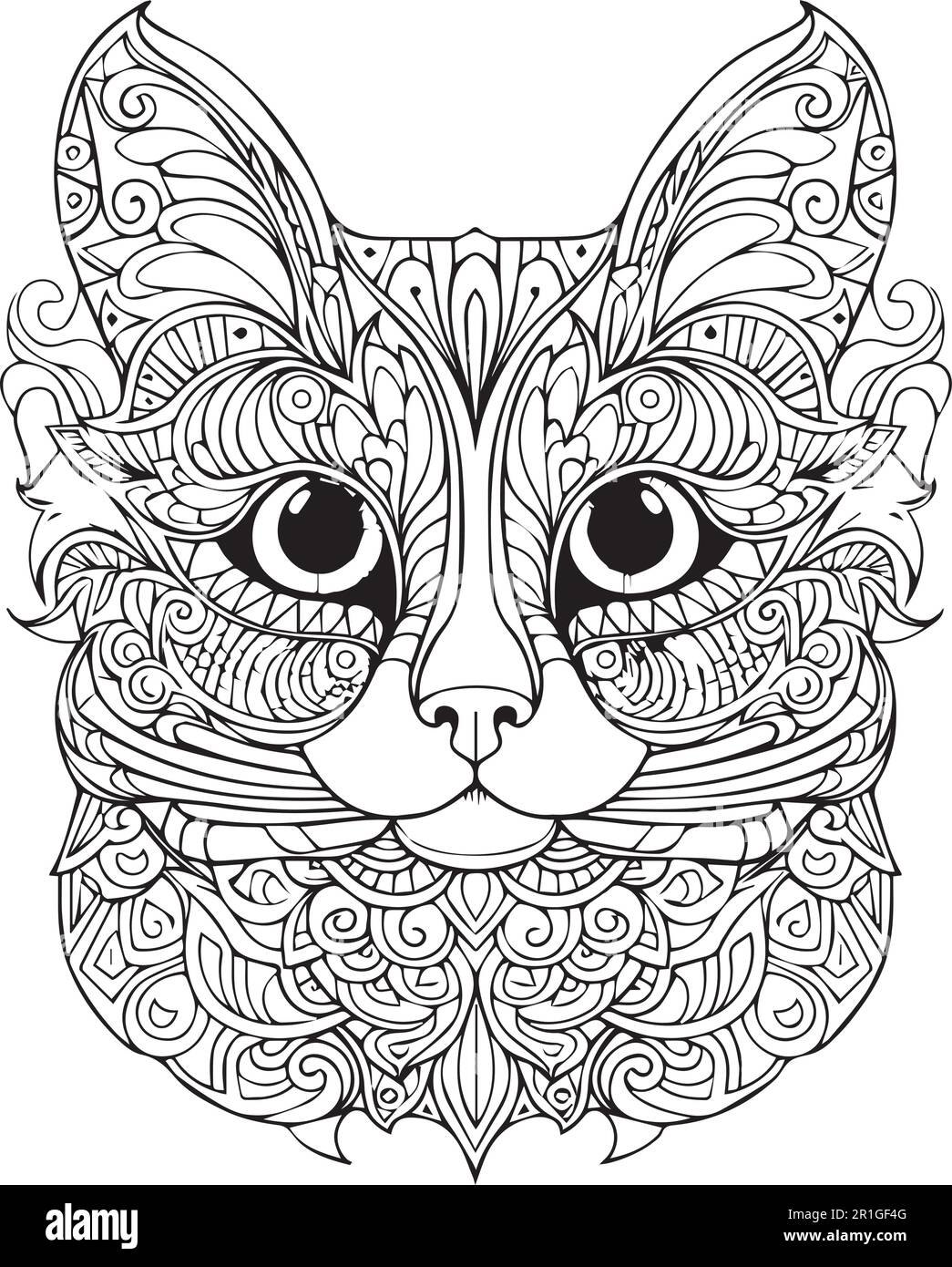 A black and white drawing of a cat's face coloring book page. Stock Vector