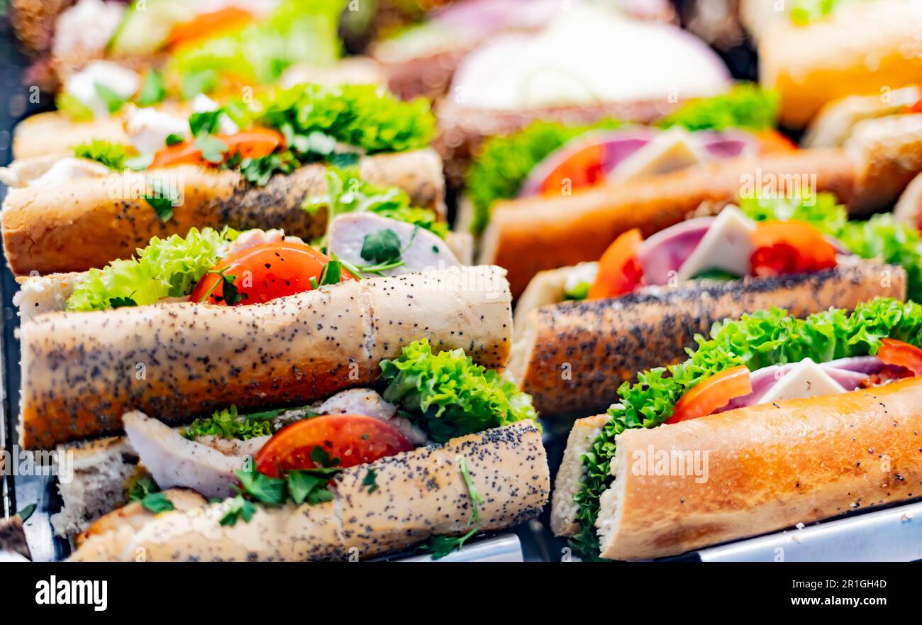 Freshly prepared sandwiches sold in a fast food restaurant Stock Photo ...