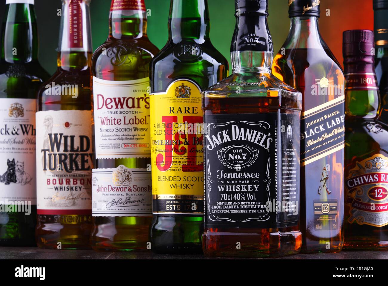 POZNAN, POLAND - NOV 16, 2018: Bottles of several global whiskey brands, the most popular liquor in the world Stock Photo