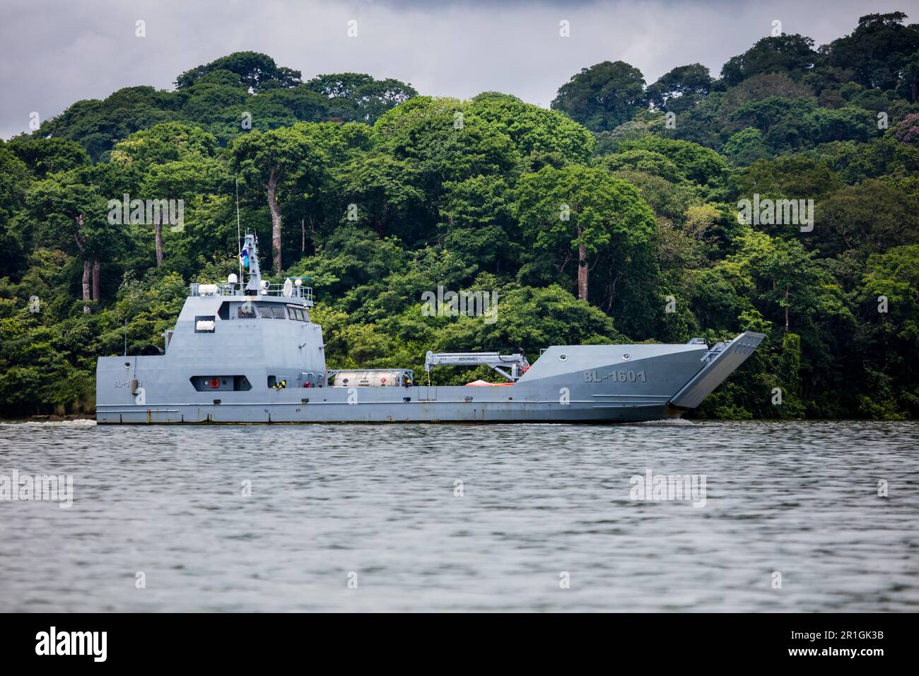 The Guatemalan navy multipurpose landing craft Quetzal (BL 1601) steams throught the Panama Canal, July 12, 2022, Republic of Panama, Central America. Stock Photo