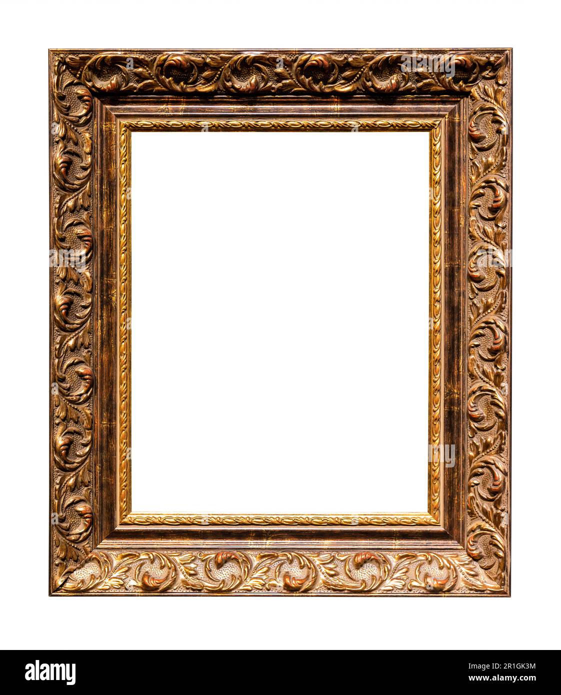 old vertical wide carved bronze wooden picture frame isolated on white