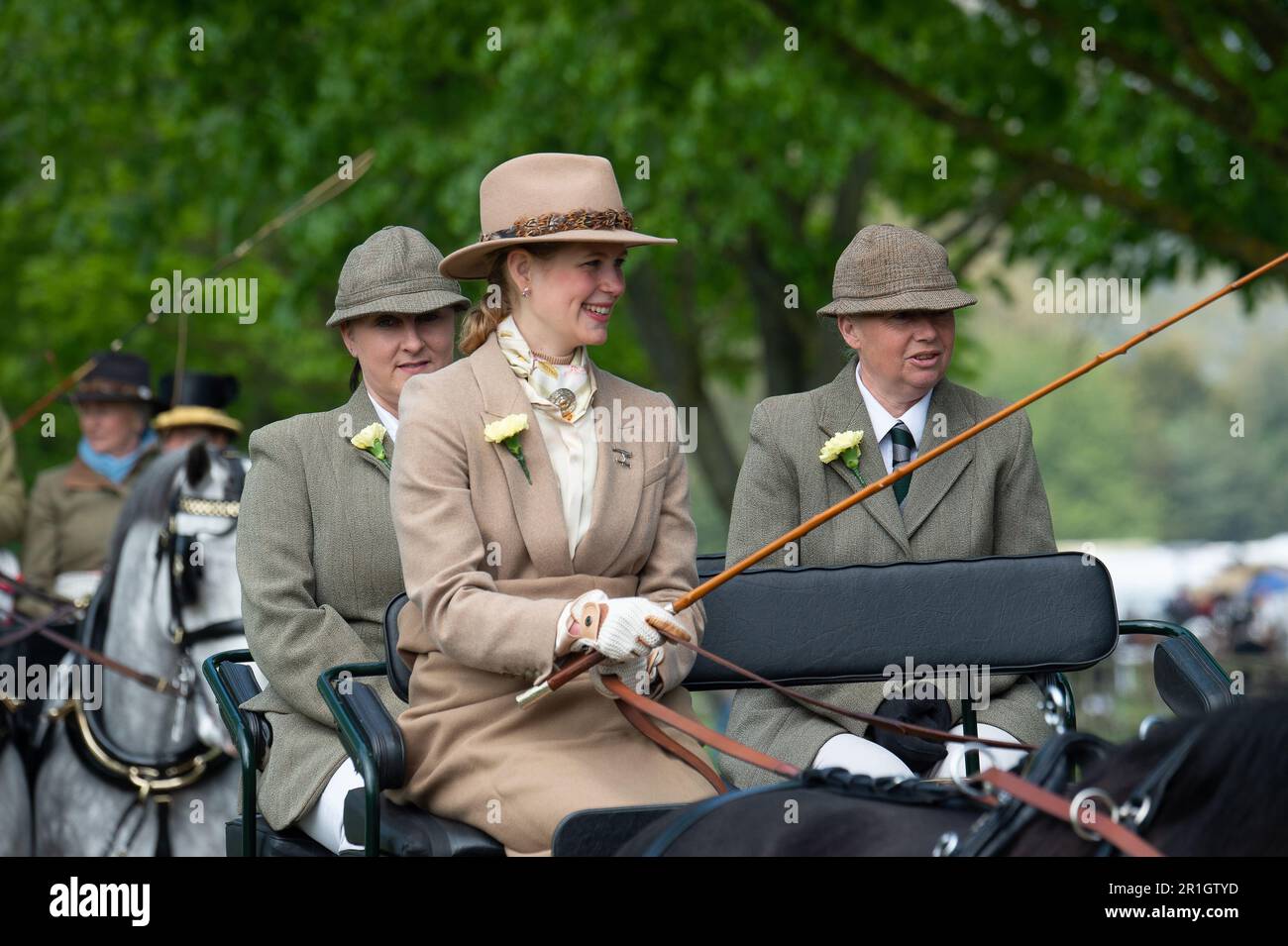 Windsor, Berkshire, UK. 14th May, 2023. Lady Louise Windsor at Royal Windsor Horse Show today carriage driving. The late Duke of Edinburgh was often seen carriage driving around Windsor Great Park and his grand daughter Lady Louise, is following in his footsteps at Royal Windsor Horse Show driving the Duke's carriage. Credit: Maureen McLean/Alamy Live News Stock Photo