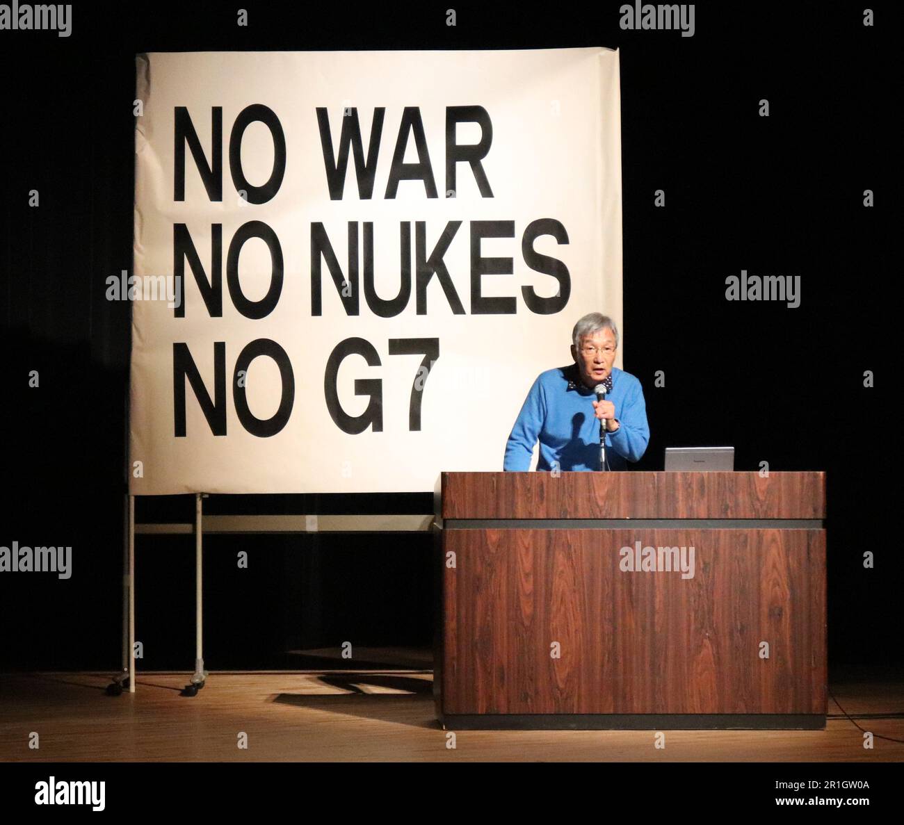 Hiroshima, Japan. 13th May, 2023. Toshiyuki Tanaka, an emeritus professor at Hiroshima City University, speaks at a rally to protest against the upcoming Group of Seven (G7) summit in Hiroshima, Japan, May 13, 2023. TO GO WITH: 'Japanese civic groups protest against upcoming G7 summit in Hiroshima' Credit: Yang Guang/Xinhua/Alamy Live News Stock Photo