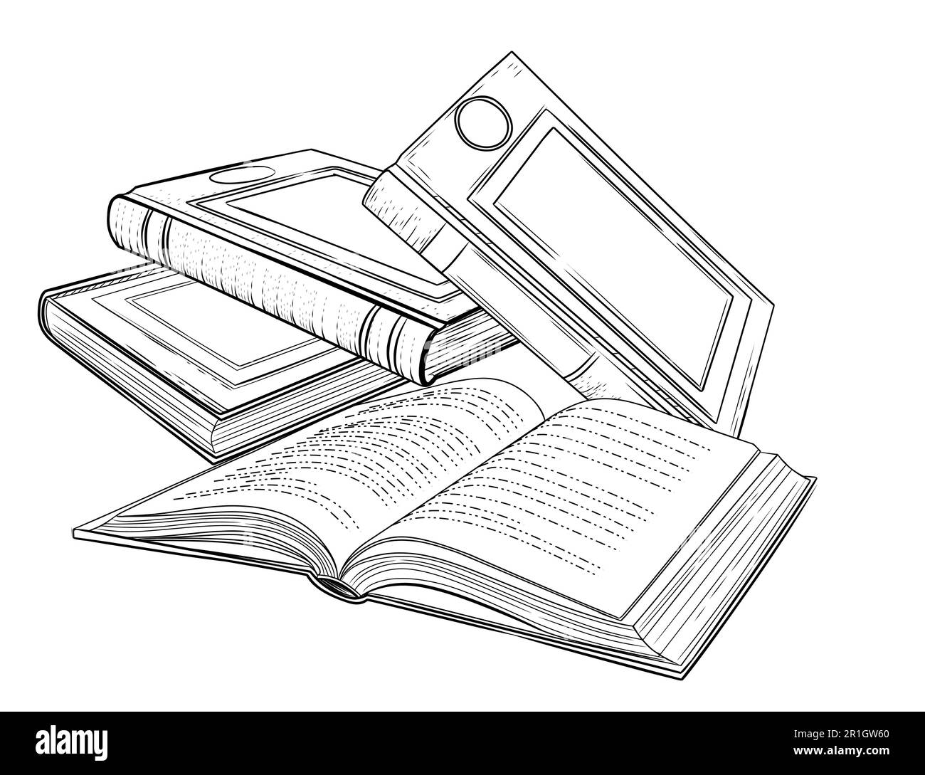 Outline style stack of books with hardcover vector illustration isolated on white background Stock Vector