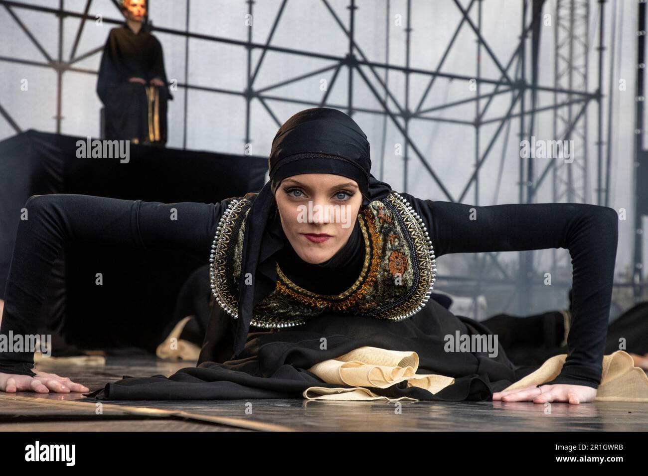 Moscow, Russia. 30th April, 2023. Performance of the Imperial Russian Ballet troupe with a fragment of the ballet 'Bolero' on a stage of VDNH exhibition complex in honor of the launch of fountains season, in Moscow, Russia Stock Photo
