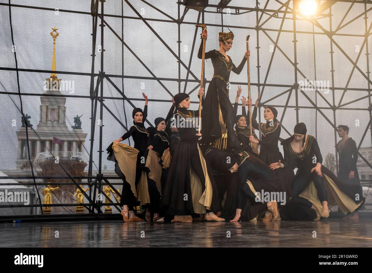 Moscow, Russia. 30th April, 2023. Performance of the Imperial Russian Ballet troupe with a fragment of the ballet 'Bolero' on a stage of VDNH exhibition complex in honor of the launch of fountains season, in Moscow, Russia Stock Photo