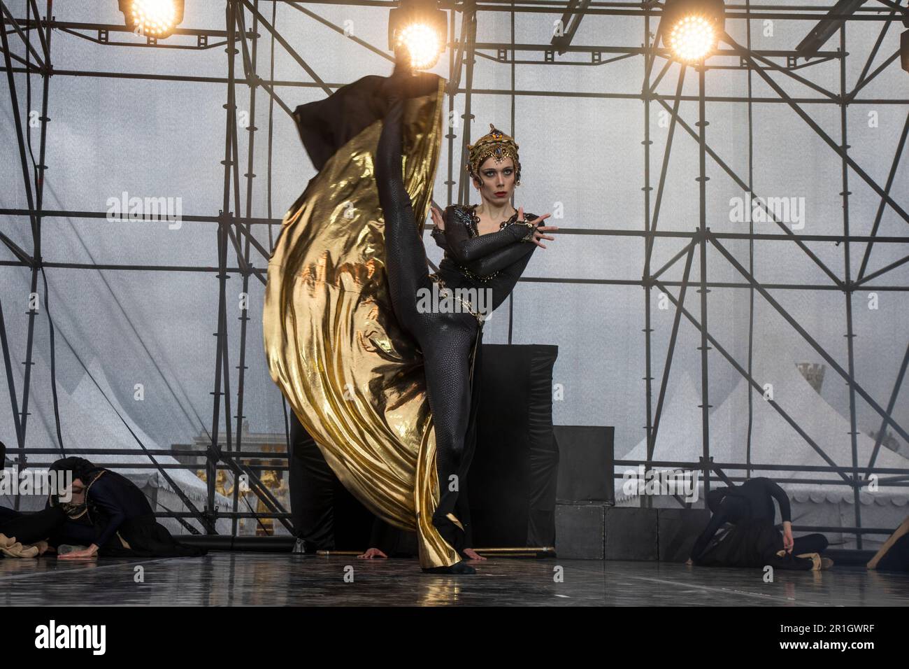 Moscow, Russia. 30th April, 2023. Performance of the Imperial Russian Ballet troupe with a fragment of the ballet 'Bolero' on a stage of VDNH exhibition complex in honor of the launch of fountains season, in Moscow, Russia Stock Photo