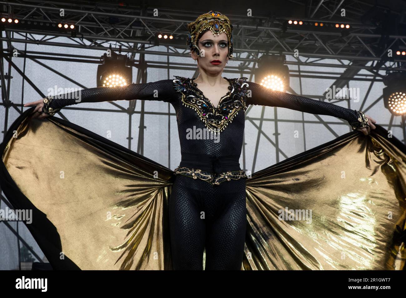Moscow, Russia. 30th April, 2023. Performance of the Imperial Russian Ballet troupe with a fragment of the ballet 'Bolero' on a stage of VDNH exhibition complex in honor of the launch of fountains season, in Moscow, Russia Stock Photo