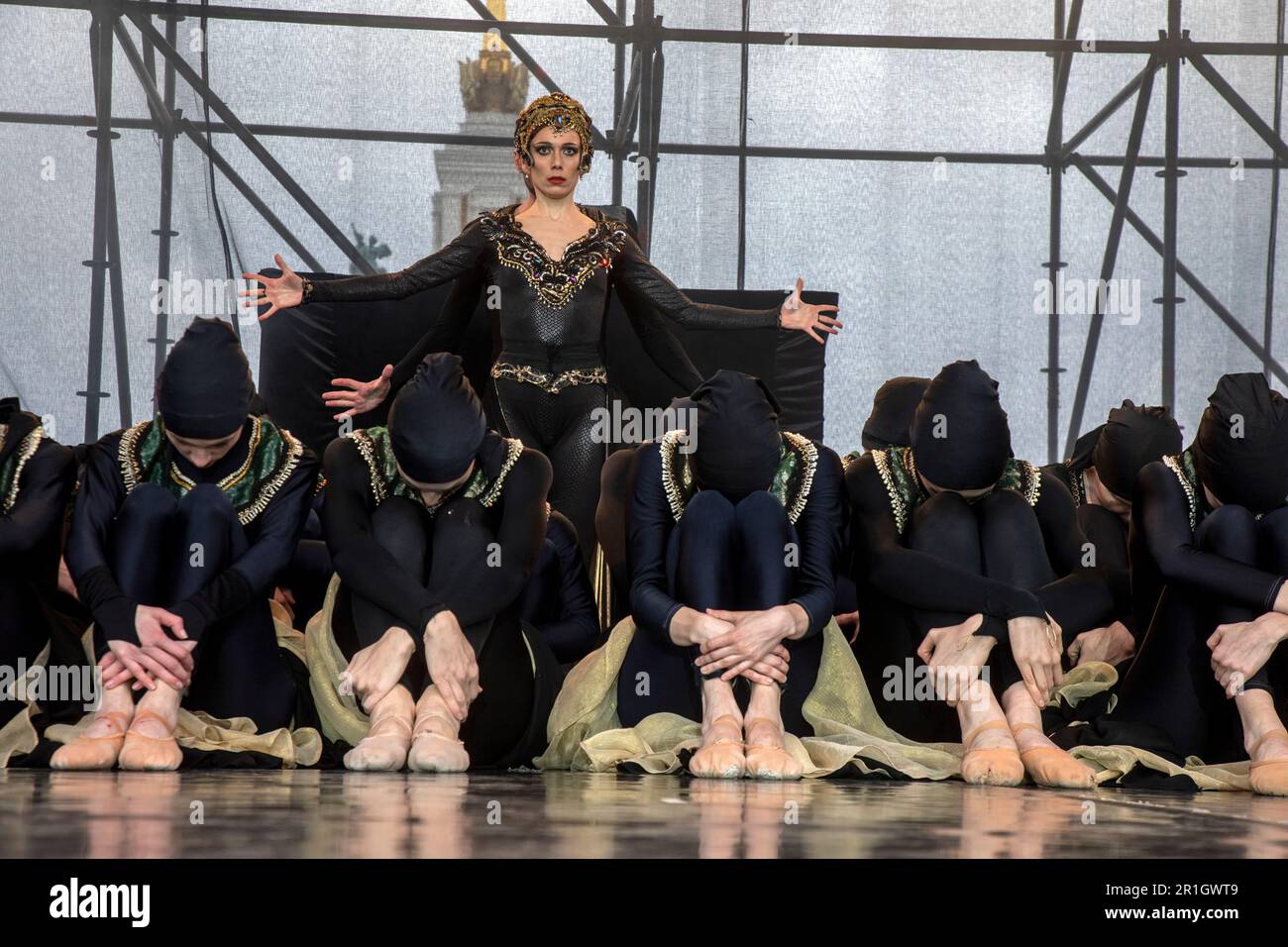 Moscow, Russia. 30th April, 2023. Performance of the Imperial Russian Ballet troupe with a fragment of the ballet 'Bolero' on a stage of VDNH exhibition complex in honor of the launch of fountains season, in Moscow, Russia Stock Photo