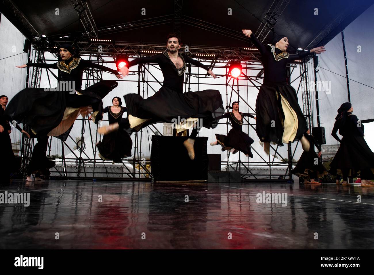 Moscow, Russia. 30th April, 2023. Performance of the Imperial Russian Ballet troupe with a fragment of the ballet 'Bolero' on a stage of VDNH exhibition complex in honor of the launch of fountains season, in Moscow, Russia Stock Photo