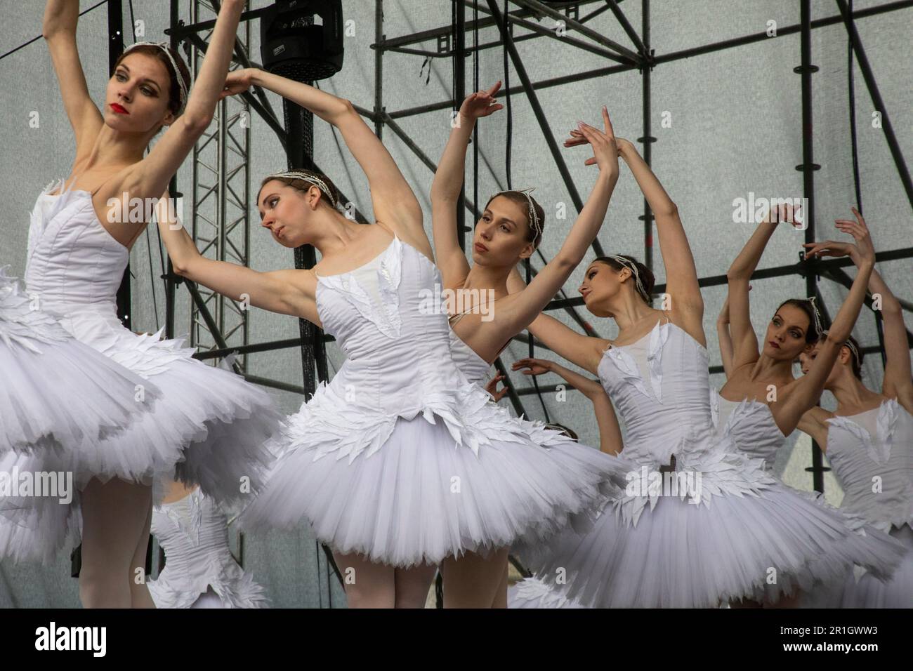 Moscow, Russia. 30th April, 2023. Performance of the Imperial Russian Ballet troupe with the program 'Melody of Water' on a stage of VDNH in honor of the launch of fountains, in Moscow, Russia Stock Photo