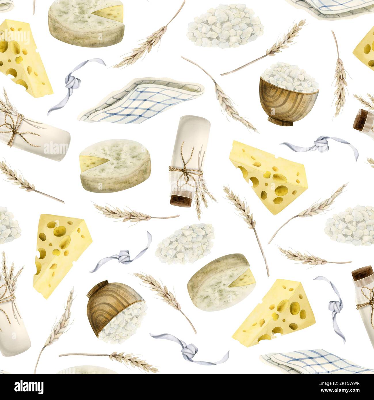 Watercolor dairy products seamless pattern with cheeses, camembert, milk, tea towel, cottage cheese and wheat on white Stock Photo