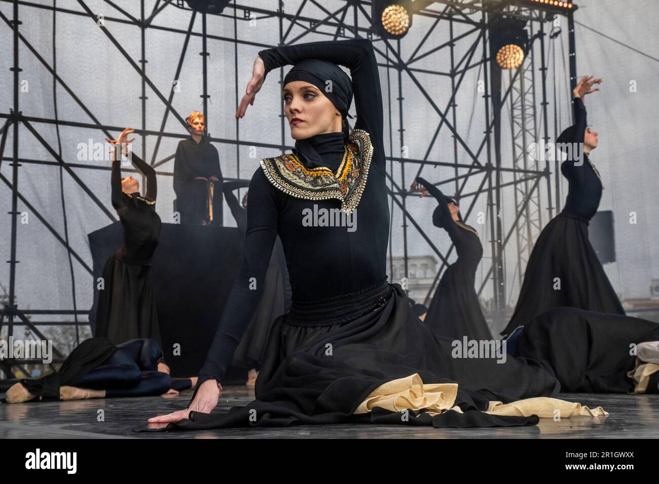 Moscow, Russia. 30th April, 2023. Performance of the Imperial Russian Ballet troupe with a fragment of the ballet 'Bolero' on a stage of VDNH exhibition complex in honor of the launch of fountains season, in Moscow, Russia Stock Photo