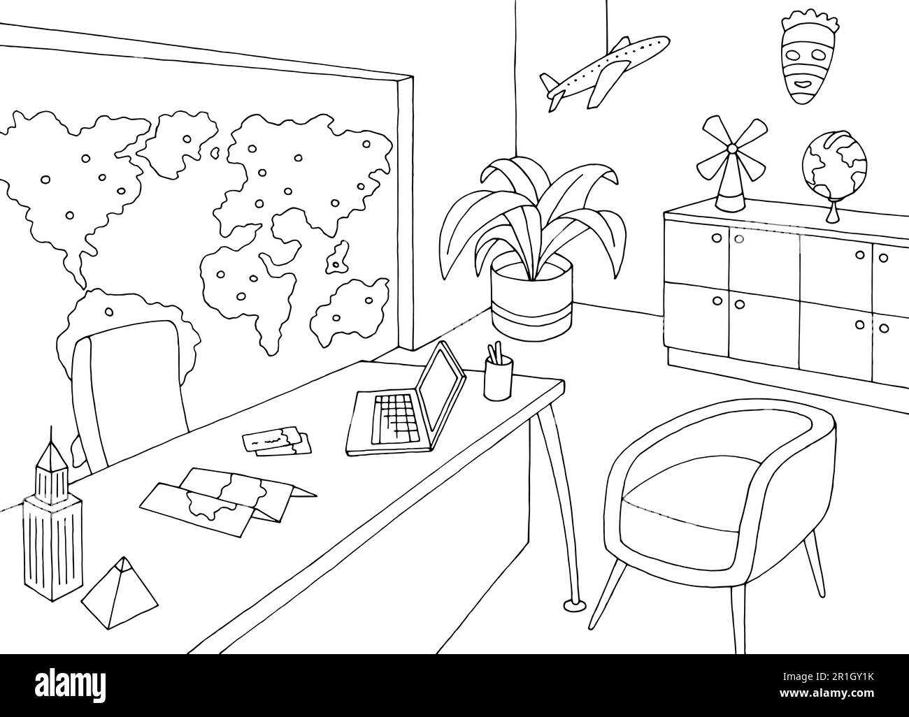 Travel agency office interior graphic black white sketch illustration