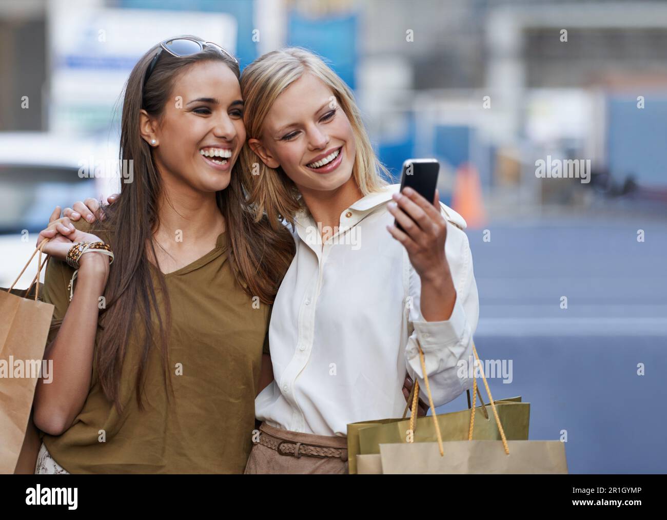 Shopping hug, city selfie and happy friends, women or people with photo  memory of urban market spree. Retail product deal, fashion discount  promotion Stock Photo - Alamy