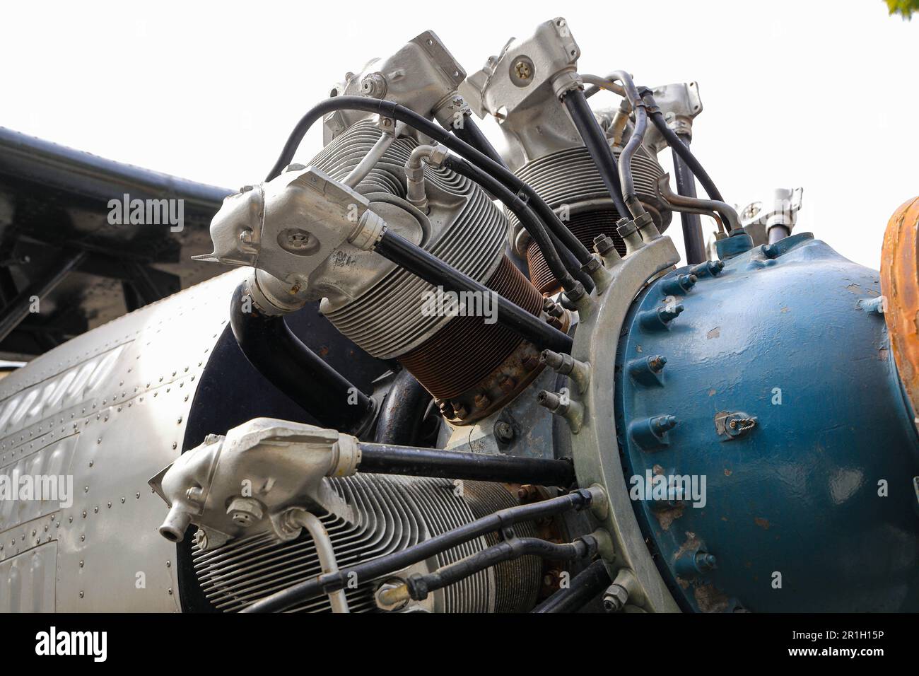 closeup Airplane cylinder engine, Vintage Airplane engine Stock Photo