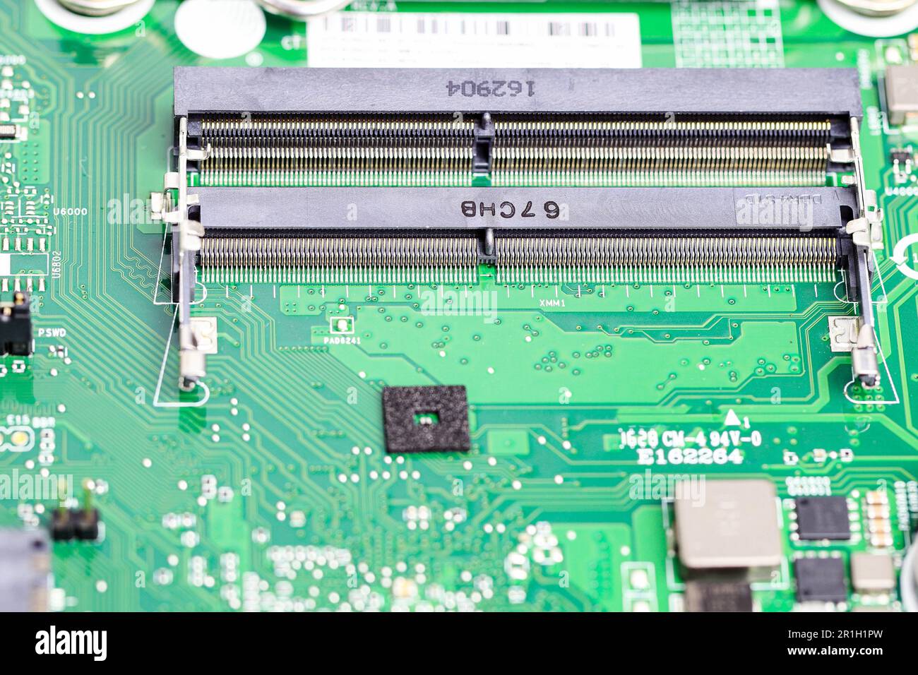 Inside of computer,  Detail  Component of ram ( Random access memory ) or memory slots. Stock Photo