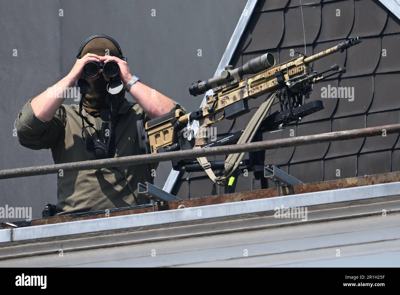 Aachen Germany 14th May 2023 A Sniper Secures The Area Around The 