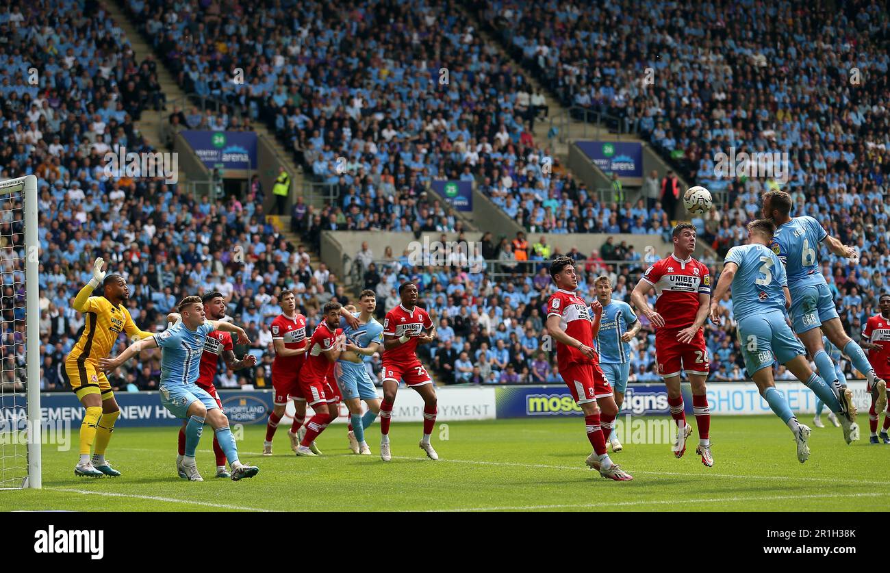 Coventry City's Callum Doyle and Liam Kelly attempt to head the ball towards goal during the Sky Bet Championship play-off semi-final first leg match at the Coventry Building Society Arena, Coventry. Picture date: Sunday May 14, 2023. Stock Photo